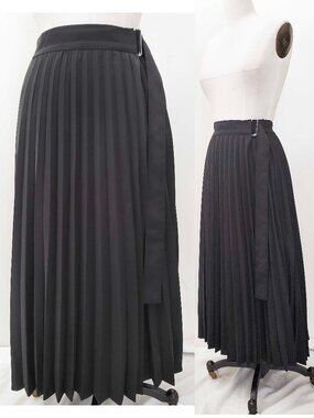 Gracia Women's Accordion Pleated Black Wrap Midi Skirt Side Buckle L NWT